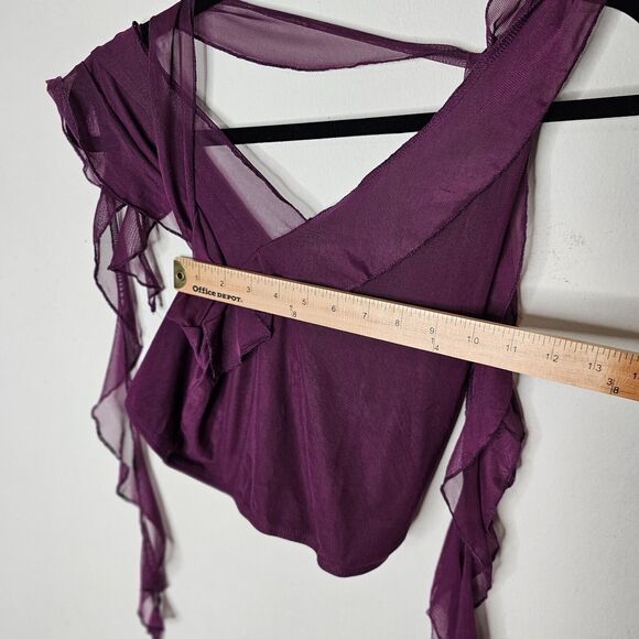 Cider Cute Purple Sleeveless Ruffle Mesh Faux Wrap Tie Neck Blouse Top Small - Picture 5 of 6